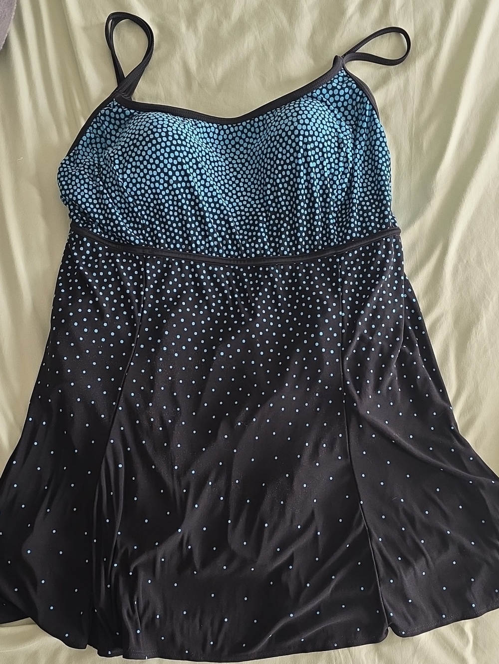 Black One-Piece Swimdress with Light Blue Polka Dot Bodice